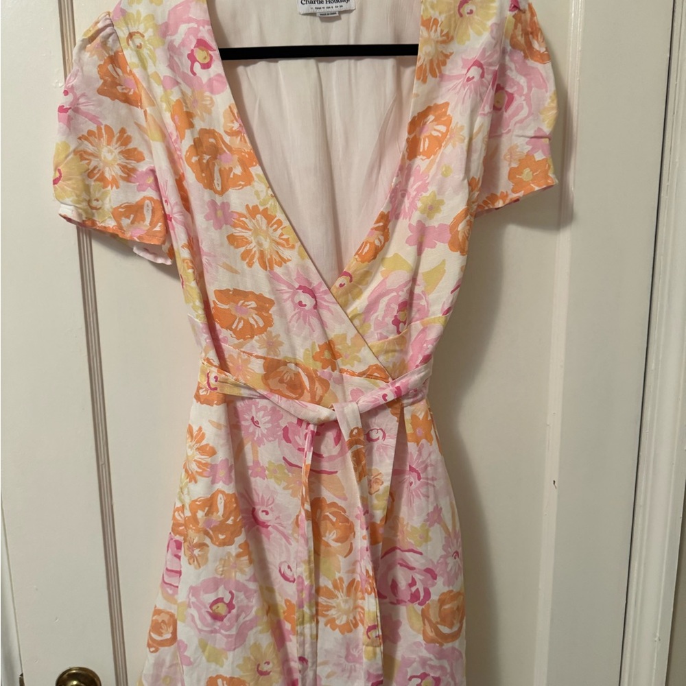 NWOT Charlie Holiday Floral Mini Linen Dress in Pink and Orange.